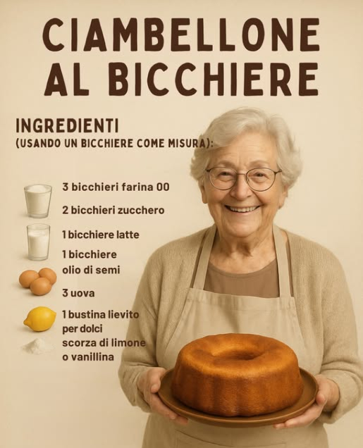 Ciambellone al Bicchiere 拏
Ingredienti usando un bicchiere come misura:
 3 bicchieri farina 00
 2 bicchieri zucchero
 1 bicchiere latte
 1 bicchiere olio di semi
 3 uova
 1 bustina lievito per dolci
 scorza di limone o vanillina
Preparazione:
1. In una ciotola montare le uova con lo zucchero.
2. Aggiungere latte, olio e aromi, mescolando.
3. Incorporare farina e lievito setacciati.
4. Versare limpasto in uno stampo imburrato e infarinato.
5. Cuocere a 180C per 35-40 minuti.
Soffice e profumatissimo!