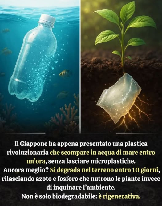 Il Giappone ha introdotto una nuova plastica rivoluzionaria:
 In acqua di mare scompare in meno di 1 ora, senza lasciare microplastiche.
 Nel terreno si degrada in 10 giorni, rilasciando azoto e fosforo che nutrono le piante.
Non si limita a essere biodegradabile: è rigenerativa, perché trasforma i rifiuti in nutrimento per lambiente