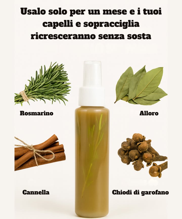 Con questa miscela naturale, i miei capelli sono tornati a crescere più forti e luminosi

Il rosmarino attiva la circolazione e stimola il follicolo, i chiodi di garofano rivitalizzano con i loro antiossidanti, la alloro rinforza e conferisce lucentezza, mentre la cannella migliora lirrigazione sanguigna e potenzia la crescita.

Ingredienti

2 rametti di rosmarino fresco o 2 cucchiai di rosmarino secco

5 chiodi di garofano interi

3 foglie di alloro fresche o secche

1 rametto di cannella o 1 cucchiaino in polvere

2 tazze dacqua

Preparazione

Lava bene il rosmarino e le foglie di alloro.

In una pentola, metti il rosmarino, i chiodi, la cannella e lalloro insieme alle 2 tazze dacqua.

Porta a ebollizione e lascia sobbollire a fuoco basso per 12-15 minuti.

Spegni il fuoco, copri e lascia riposare per 25-30 minuti.

Filtra bene e conserva il liquido in un flacone spray o in un contenitore ermetico.

Applicazione

Spruzza la miscela sul cuoio capelluto pulito, concentrandoti sulle radici e sulle zone indebolite.

Massaggia con movimenti circolari per 5-10 minuti.

Lascialo agire per 1 ora prima di risciacquare, oppure in piccole quantità usalo come tonico senza risciacquo.

Frequenza consigliata

3 volte a settimana, preferibilmente di sera.

Per risultati efficaci

Conserva la miscela in frigorifero fino a 5 giorni.

Agita prima di ogni uso.

Sii costante per almeno 4-6 settimane per notare capelli più forti, con meno caduta e nuovi germogli.