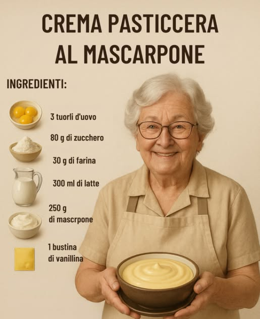 Crema Pasticcera al Mascarpone
Ingredienti:
 3 tuorli duovo
 80 g di zucchero
 30 g di farina
 300 ml di latte
 250 g di mascarpone
 1 bustina di vanillina
Preparazione:
1. Montare i tuorli con lo zucchero, aggiungere la farina.
2. Scaldare il latte con la vanillina, poi unirlo al composto.
3. Cuocere a fuoco basso mescolando fino a ottenere la crema.
4. Lasciar raffreddare e incorporare il mascarpone fino a renderla liscia.
Perfetta per dolci e dessert!