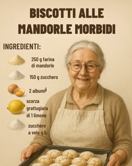Biscotti alle Mandorle Morbidi 
Ingredienti:
 250 g farina di mandorle
 150 g zucchero
 2 albumi
 scorza grattugiata di 1 limone
 zucchero a velo q.b.
Preparazione:
1. Monta leggermente gli albumi con lo zucchero.
2. Aggiungi farina di mandorle e scorza di limone, mescolando fino a ottenere un impasto morbido.
3. Forma delle palline, passale nello zucchero a velo e disponile su una teglia rivestita di carta forno.
4. Cuoci a 180C per 12-15 minuti finché leggermente dorati.
Buon appetito!