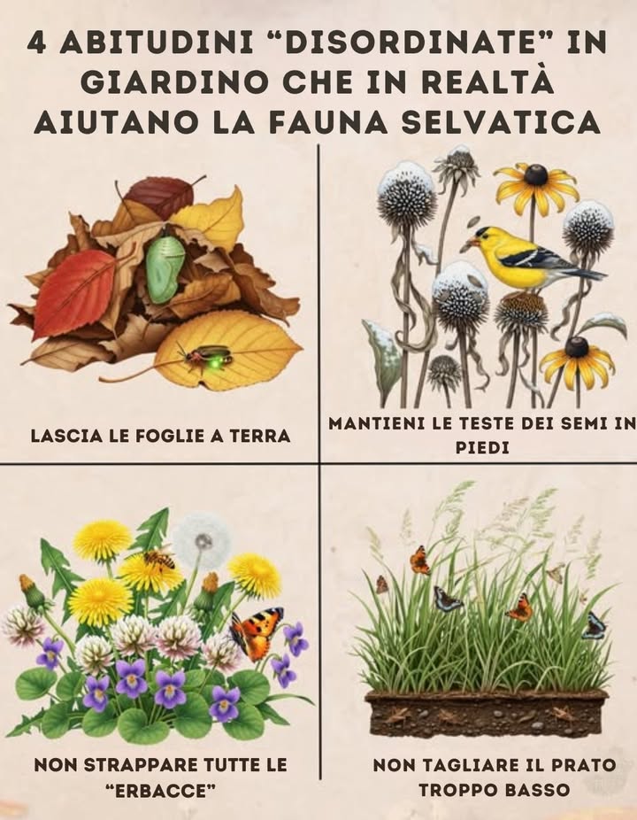 10 Abitudini Disordinate del Giardino che Aiutano Davvero la Fauna
 A volte meno lavoro = più vita nel tuo giardino.
1. Lascia le Foglie
 Le farfalle  le lucciole svernano nei cumuli di foglie.
2. Tieni in Piedi le Teste di Semi
 Cibo naturale per gli uccelli per tutto linverno.
3. Non Estirpare Tutte le Erbacce
 Il trifoglio, i dente di leone e le violette nutrono i pronubi.
4. Non Tagliare Troppo Corto
 Erba più alta = habitat per insetti  protezione del suolo.