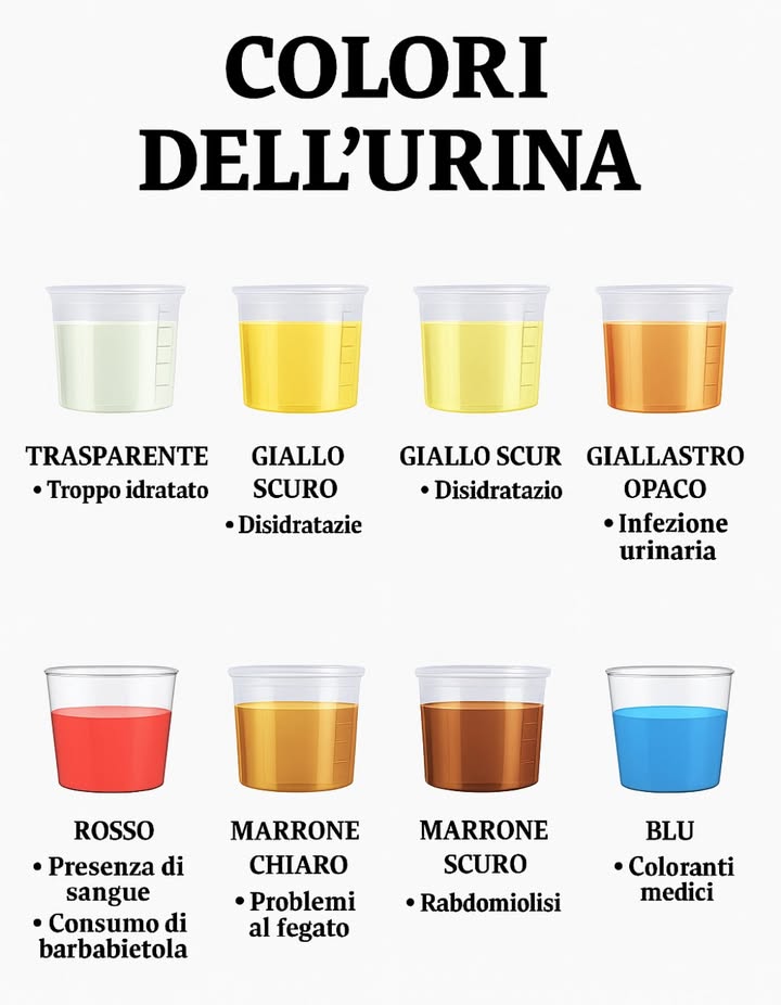 Colori dellurina: cosa rivela il tuo corpo 

 Trasparente  
 Troppa idratazione  
Bere troppa acqua può squilibrare lorganismo. Ridurre leggermente lapporto.

 Giallo chiaro  
 Idratazione ideale  
Equilibrio perfetto. Il corpo funziona in modo ottimale.

 Torbido con residui  
 Possibile infezione  
Presenza di batteri o pus. Sorveglianza e consultazione raccomandate.

 Giallo scuro  
 Disidratazione  
Il corpo richiede più acqua. Aumentare lapporto idrico.

 Rosso  
 Sangue o pigmenti alimentari  
Presenza di sangue o effetto di alcuni alimenti barbabietola. Follow-up medico se incertezza.

 Marrone chiaro  
 Disturbo epatico  
Può indicare un problema al fegato. Esame di salute necessario.

隣 Marrone scuro  
 Rhabdomiolisi  
Degradazione muscolare grave. Consultazione urgente.

 Blu  
 Coloranti medici  
Risultato raro di alcuni trattamenti o esami. Da menzionare se inspiegato.

易 Conclusione  
Osservare il colore dellurina permette di rilevare segnali essenziali sullo stato di salute generale.