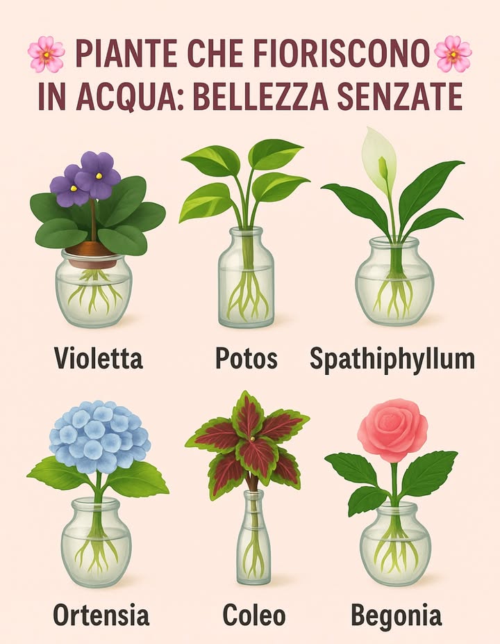 PIANTE CHE FIORISCONO IN ACQUA: BELLEZZA SENZA TERRA   
Ideale per decorare con eleganza e freschezza utilizzando solo un vaso o un barattolo trasparente.  

 Violetta  Piccole fiori pieni di colore e tenerezza  
 Potos  Rampicante resistente con foglie brillanti e vivaci  
懶 Spathiphyllum  Fiore bianco e sereno, simbolo di purezza  
 Ortensia  Grappoli floreali che incantano in qualsiasi contenitore  
 Coleo  Foglie multicolori che riempiono di gioia ogni spazio  
 Begonia  Fioritura continua con fascino tropicale  

 Lascia che la natura fiorisca con semplicità e trasforma la tua casa in unoasi di vita senza terra
