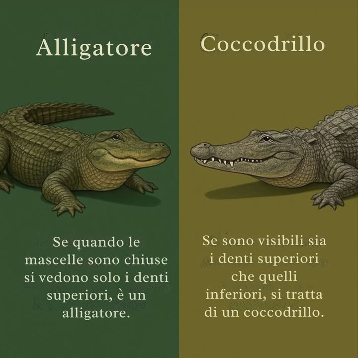 Alligatore vs. Coccodrillo: Il Modo Più Facile per Differenziarli!   
醴 Il Test dei Denti  È Tutto nel Sorriso!

 Alligatore  Il Sorriso Con i Denti Nascosti  
 Quando la loro bocca è chiusa, vedrai principalmente solo i denti superiori.  
 La loro mascella superiore è più larga e nasconde i denti inferiori = un bel morso!

 Coccodrillo  Il Sorriso Dentato Tutto Intorno  
 Quando la loro bocca è chiusa, i denti superiori e inferiori sono visibili.  
醴 Fai attenzione a quel grande quarto dente inferioresporge come un canino!

 Fatti Bonus sui Rettili  Scopri la Differenza Come un Professionista!

 Forma del Muso  
 Alligatore: Largo e a forma di U  
 Coccodrillo: Stretto e a forma di V  

 Habitat  
 Alligatore: Ama le acque dolci paludi, fiumi  
 Coccodrillo: Può vivere sia in acqua dolce che salata  

 Colore  
 Alligatore: Più scurodi solito grigio-nerastro  
 Coccodrillo: Più chiaroverde oliva o beige