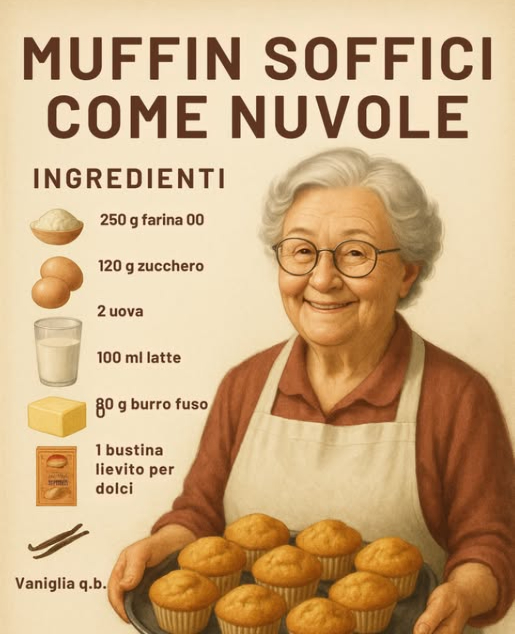 Muffin Soffici come Nuvole 療
Ingredienti:
 250 g farina 00
 120 g zucchero
 2 uova
 100 ml latte
 80 g burro fuso
 1 bustina lievito per dolci
 Vaniglia q.b.
Preparazione:
1. Mescolare farina e lievito.
2. In unaltra ciotola unire uova, zucchero, latte, burro e vaniglia.
3. Incorporare delicatamente gli ingredienti secchi ai liquidi senza lavorare troppo limpasto.
4. Versare nei pirottini e cuocere a 180C per 18-20 minuti.
Buon appetito! 療