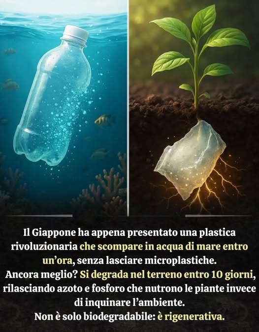 Il Giappone ha introdotto una nuova plastica rivoluzionaria:
 In acqua di mare scompare in meno di 1 ora, senza lasciare microplastiche.
 Nel terreno si degrada in 10 giorni, rilasciando azoto e fosforo che nutrono le piante.
Non si limita a essere biodegradabile: è rigenerativa, perché trasforma i rifiuti in n utrimento per lambiente.