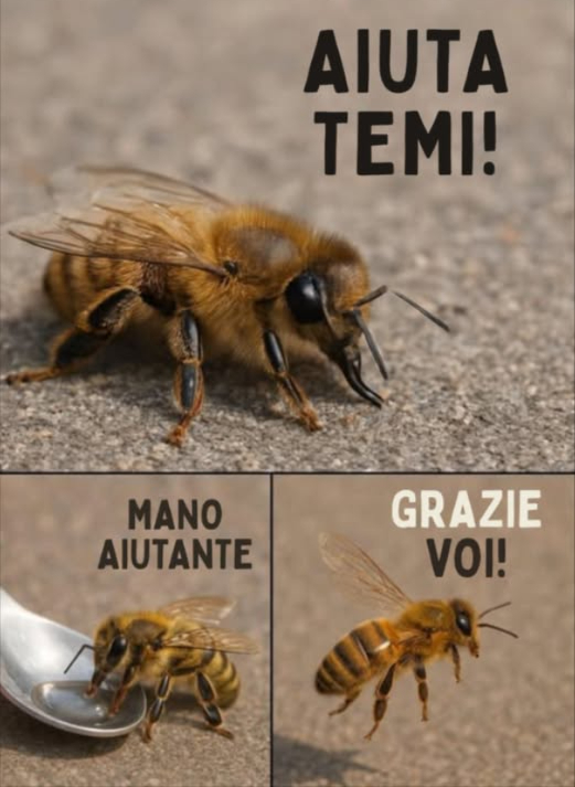 Non mi scuso per ripetere questo messaggio! 
Se vedi unape a terra o che non vola tranne quando è su un fiore, significa che è affamata! Puoi aiutarla.
Siamo nel pieno del gap di giugno  quel periodo in cui i fiori primaverili sono finiti e quelli autunnali non hanno ancora iniziato a produrre nettare e polline, lasciando le api senza cibo.
 Come aiutarla:
Mescola 2 parti di zucchero bianco con 1 parte dacqua.
Offri lo sciroppo su un cucchiaino vicino allape.
Vedrai la sua piccola linguetta nera mentre beve.
Le occorreranno circa 10 minuti per trasformare lo sciroppo in energia. Se lhai aiutata in tempo, volerà via. La gioia di vederla riprendersi e tornare a volare ripaga ogni sforzo!
Note importanti:
 È solo un pronto soccorso temporaneo.
 Le api hanno bisogno di una dieta varia dai fiori  non dare loro zucchero abitualmente.
 Niente miele! Può diffondere malattie tra le colonie.
Loro non possono ringraziarti, quindi lo faccio io:
Grazie mille! 
Le parole sono come le api: alcune fanno miele, altre lasciano il pungiglione.