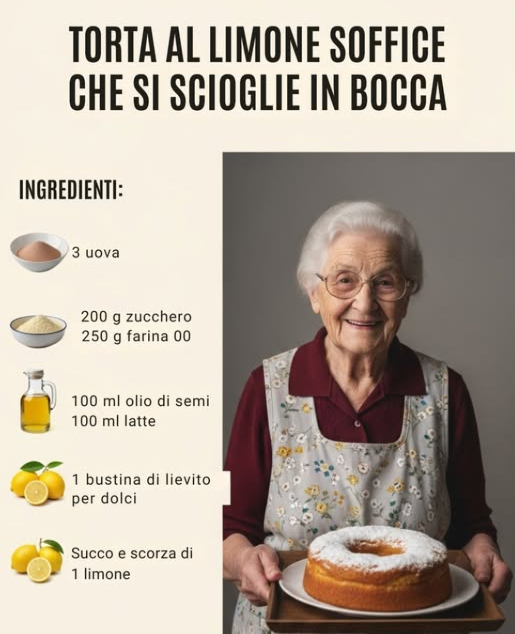 Torta al Limone Soffice che si Scioglie in Bocca
Ingredienti:
 3 uova
 200 g zucchero
 250 g farina 00
 100 ml olio di semi
 100 ml latte
 1 bustina di lievito per dolci
 Succo e scorza di 1 limone
Preparazione:
1. Monta uova e zucchero fino a ottenere un composto spumoso.
2. Aggiungi olio, latte, succo e scorza di limone.
3. Incorpora la farina setacciata con il lievito.
4. Versa in uno stampo imburrato e infarinato.
5. Cuoci a 170C per circa 35-40 minuti.
Profumata e morbidissima, perfetta da gustare!    Buon appetito!
