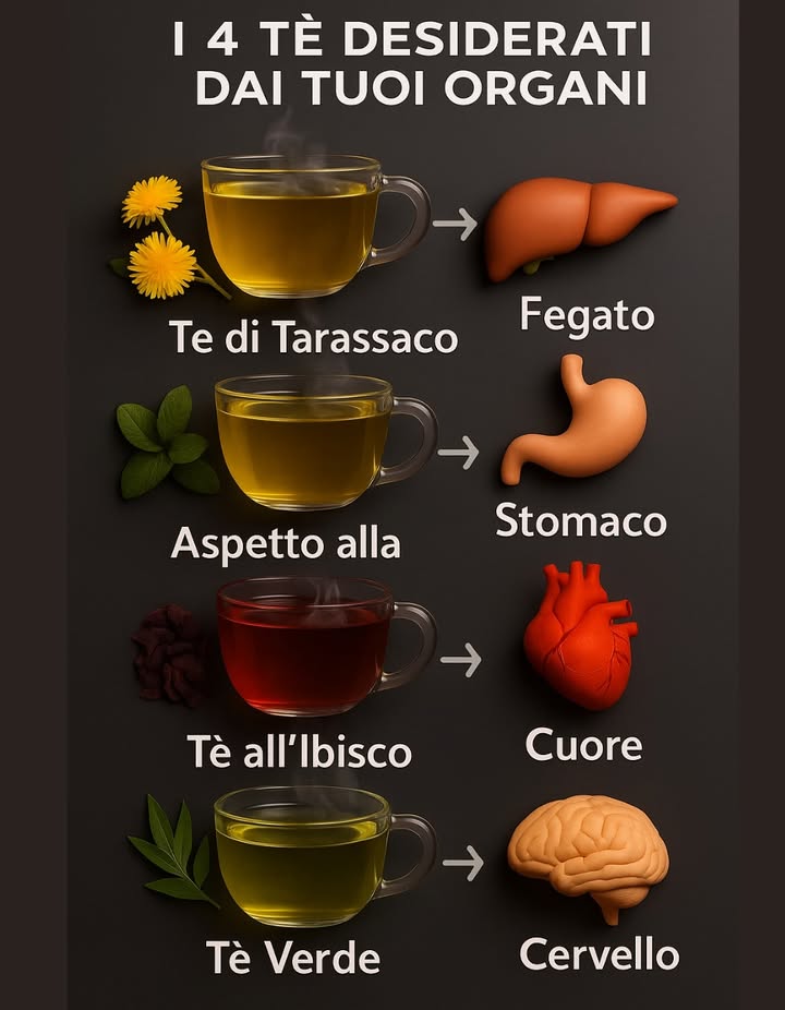 𥳐 Le 4 tisane che supportano i tuoi organi

 Tisana di Tarassaco  Fegato
Il tarassaco è noto per le sue proprietà depurative. Aiuta il fegato a eliminare tossine e a migliorare la digestione dei grassi.

 Tisana alla Menta Piperita  Stomaco
Rinfrescante e calmante, favorisce la digestione e allevia gonfiore e crampi addominali.

 Tisana allIbisco  Cuore
Ricca di antiossidanti, libisco aiuta a regolare la pressione sanguigna e sostiene la salute cardiovascolare.

 Tè Verde  Cervello
Contiene L-teanina e caffeina naturale. Aiuta a migliorare la concentrazione e ha effetti neuroprotettivi.