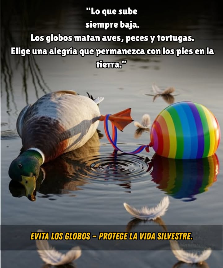 Los globos que se escapan no desaparecen; caen en ríos y océanos.  
La vida silvestre confunde las cintas y el látex con comida o material para anidar.  
Tortugas, peces y aves mueren por enredarse o ingerirlos cada año.  
Celebra de manera diferente: planta un árbol, sopla burbujas o vuela una cometa.