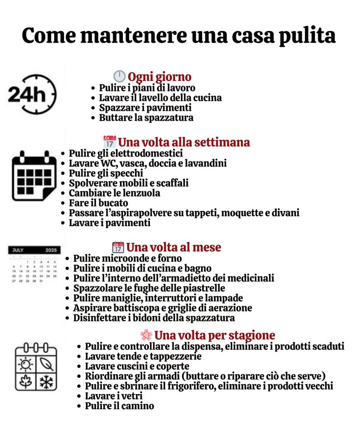 Una casa pulita si basa su semplici abitudini  
Ogni giorno, ogni settimana e in ogni stagione, piccoli gesti mantengono lequilibrio della casa.  
Lordine favorisce la serenità, diminuisce lo stress e contribuisce al benessere.  
La costanza nella cura fa sì che la pulizia sia naturale e duratura.