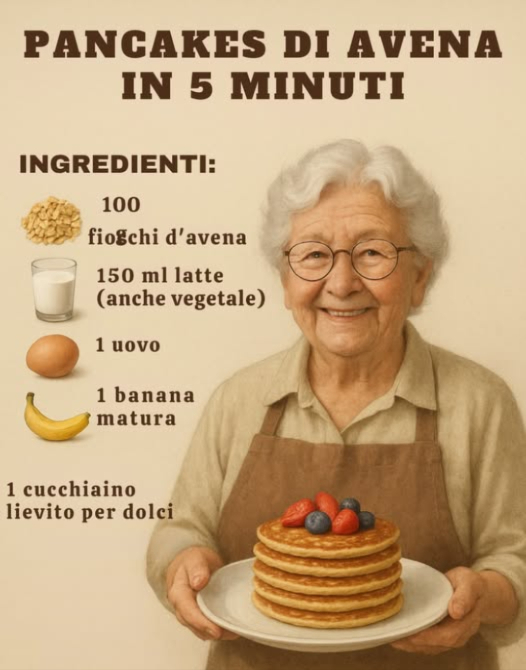丹 Pancakes di Avena in 5 Minuti
Ingredienti:
 100 g fiocchi davena
 150 ml latte anche vegetale
 1 uovo
 1 banana matura
 1 cucchiaino lievito per dolci
Preparazione:
1. Frulla banana, avena, uovo, latte e lievito fino a ottenere un impasto liscio.
2. Scalda una padella antiaderente e versa piccole porzioni di impasto.
3. Cuoci 2 minuti per lato finché dorati.
4. Servi con frutta fresca o yogurt.
Colazione sana e golosa!