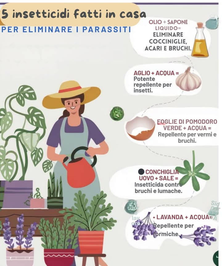 Proteggi le tue piante con insetticidi naturali!  Ecco alcune ricette facili:

1.  Insetticida allaglio : Schiaccia 3 spicchi daglio in 1 litro dacqua. Dopo alcune ore, filtra e aggiungi 1 cucchiaino di sapone neutro. Spruzza sulle foglie.

2.  Sapone di potassio : Mescola 1 cucchiaio di sapone liquido di Castiglia con 1 litro dacqua e spruzza su piante infestate.

3.  Insetticida al peperoncino : Mescola 1 cucchiaio di peperoncino in polvere con 1 litro dacqua calda. Filtra, aggiungi sapone neutro e spruzza.

4.  Olio di neem : Mescola 2 cucchiaini di olio di neem con 1 litro dacqua e sapone neutro. Spruzza sulle piante.

5.  Alcool isopropilico : Mescola 1 parte di alcool 70% con 1 parte dacqua e spruzza sugli insetti visibili.

6.  Bucce di agrumi : Metti bucce di agrumi in 1 litro dacqua calda per 24 ore, filtra e spruzza sulle piante.

7.  Menta e rosmarino : Fai bollire foglie in 1 litro dacqua, filtra e spruzza.

8.  Aceto e acqua : Mescola 1 parte di aceto bianco con 3 parti dacqua e spruzza sulle piante.

Prova questi rimedi naturali e dì addio ai parassiti!