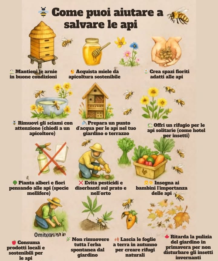 Aiuta a salvare le api con gesti semplici e potenti! 

Le api sono fondamentali per la vita e lequilibrio del pianeta. 
Crea ambienti accoglienti, evita i pesticidi e coltiva in modo consapevole.
Pianta fiori e alberi melliferi, offri rifugi e scegli miele da apicoltura sostenibile.
Piccoli cambiamenti possono fare una grande differenza per i nostri impollinatori. 

#SalviamoLeApi #GiardinoSostenibile #AmiciDelleApi