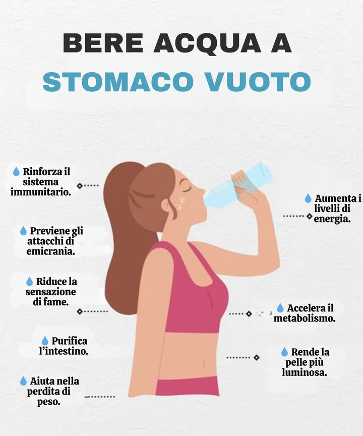 Bevi acqua a stomaco vuoto   
Il tuo corpo ti ringrazierà:  
 Rafforza limmunità  
 Previene le emicranie  
 Riduce la fame  
 Pulisce gli intestini  
 Favorisce la perdita di peso  
 Aumenta il metabolismo  
 Migliora la pelle  
 Aumenta lenergia  
Unabitudine semplice che trasforma la tua salute   
#Salud #Salute #Bienestar #Benessere #HábitosSaludables #AbitudiniSalutari #Agua #Acqua