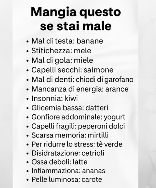 Cosa Mangiare se Non Ti Senti Bene 裸  
Rimedi naturali dalla cucina che funzionano davvero!  
洛 Mal di testa: Banane  ricche di magnesio, aiutano a ridurre la tensione.  
 Stitichezza: Mele  ricche di fibre e pectina, favoriscono lintestino.  
 Mal di gola: Miele  lenisce e combatte i batteri.  
 Capelli secchi: Salmone  gli omega-3 nutrono cute e capelli.  
醴 Mal di denti: Chiodi di garofano  antidolorifico naturale con azione antibatterica.  
 Mancanza di energia: Arance  vitamina C per vitalità e difese immunitarie.