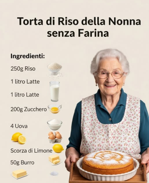 Torta di Riso della Nonna senza farina
-Ingredienti
1 litro di latte intero
200 g di riso arborio o originario
150 g di zucchero
3 uova
50 g di burro
Scorza grattugiata di 1 limone non trattato
1 bustina di vanillina o qualche goccia di estratto di vaniglia
Un pizzico di sale
Zucchero a velo q.b. per decorare
-Preparazione
Cuocere il riso nel latte
Porta a ebollizione il latte con un pizzico di sale, la scorza di limone e la vanillina.
Versa il ris e cuocilo a fuoco dolce, mescolando spesso, finché avrà assorbito quasi tutto il latte circa 20-25 minuti.
Lascia intiepidire.
Preparare il composto
Aggiungi al riso cotto il burro fuso e lo zucchero, mescolando bene.
Unisci le uova leggermente sbattute e amalgama fino a ottenere un composto omogeneo.
Cottura
Versa limpasto in una teglia imburrata e infarinata o rivestita di carta forno.
Cuoci in forno statico a 180C per 40-45 minuti, fino a doratura.
Decorazione
Una volta raffreddata, spolvera la torta con zucchero a velo.