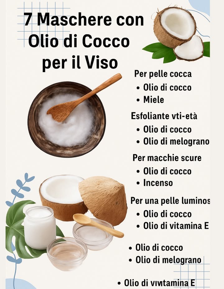 7 Maschere allOlio di Cocco per il Viso  
 1. Per pelle secca  
Olio di cocco  miele  
 2. Maschera anti-invecchiamento  
Olio di cocco  olio di melograno  
 3. Esfoliante viso  
Olio di cocco  bicarbonato di sodio  
 4. Per macchie scure  
Olio di cocco  olio essenziale di incenso  
 5. Per una pelle luminosa  
Olio di cocco  olio di vitamina E