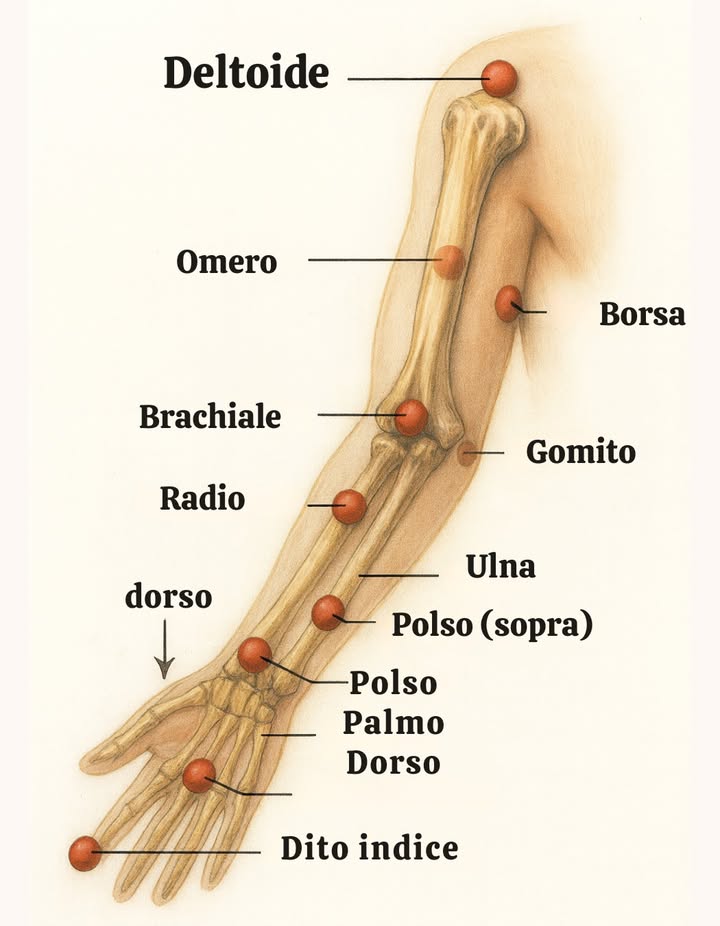 Mappa dei punti nel braccio e nellavambraccio

Limmagine mostra uno schema di punti chiave nel braccio e nella mano, utilizzati come riferimenti sia in anatomia che in terapie manuali, agopuntura e digitopressione.

 Punti principali identificati

Deltoide

Muscolo principale della spalla, legato alla forza e alla mobilità del braccio.

Omero

Osso lungo del braccio, importante per il sostegno e il movimento.

Borsa

Borsa sinoviale che evita attrito nelle articolazioni.

Brachiale

Muscolo che contribuisce alla flessione del gomito.

Gomito

Articolazione chiave per la mobilità del braccio.

Radio e ulna

Ossa dellavambraccio, permettono la rotazione e movimenti fini.

Polso alto e base

Punto di articolazione che collega lavambraccio con la mano.

Dorso della mano

Area dove passano i tendini estensori.

Palma

Zona di grande sensibilità, collegata a terminazioni nervose e punti riflessi.

Dito indice

Rappresenta forza di presa e coordinazione fine.

 Usi terapeutici ed energetici

 Agopuntura e digitopressione: alcuni di questi punti coincidono con meridiani Intestino Crasso, Cuore, Pericardio.
 Fisioterapia: liberazione della tensione in spalla, gomito e polso.
 Riflessologia della mano: la palma e le dita riflettono organi interni.
 Riabilitazione: punti chiave per recuperare mobilità dopo infortuni.

 Consiglio pratico: Un automassaggio che parte dal deltoide fino alla palma aiuta a liberare tensione, migliorare la circolazione e rilassare i nervi del braccio e della mano.