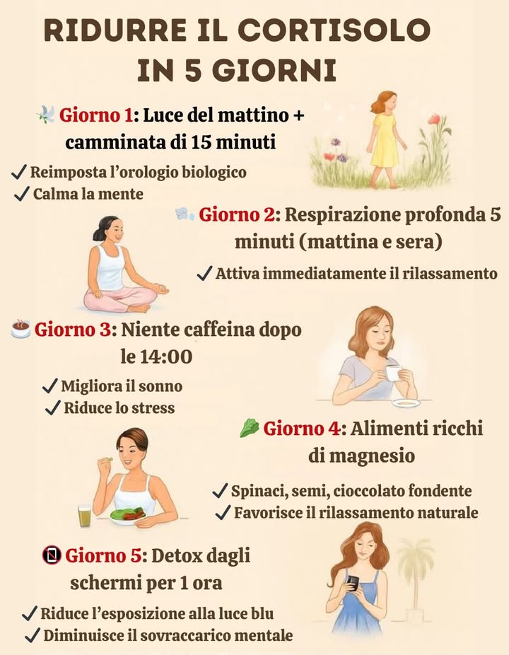 Come ridurre il cortisolo in 5 giorni

 Giorno 1: Luce del mattino  passeggiata di 15 minuti  
 Ripristina lorologio biologico  
 Calma la mente  

 Giorno 2: Respirazione profonda 5 minuti mattina e sera  
 Attiva il rilassamento immediato  

 Giorno 3: Senza caffeina dopo le 14:00  
 Migliora la qualità del sonno  
 Riduce lo stress  

塞 Giorno 4: Alimenti ricchi di magnesio  
 Spinaci, semi, cacao e cioccolato fondente  
 Favoriscono il rilassamento naturale  

 Giorno 5: Disconnessione dagli schermi per 1 ora  
 Diminuisce lesposizione alla luce blu  
 Riduce il sovraccarico mentale  

律 Cinque semplici passi per equilibrare il corpo e recuperare la calma interiore.