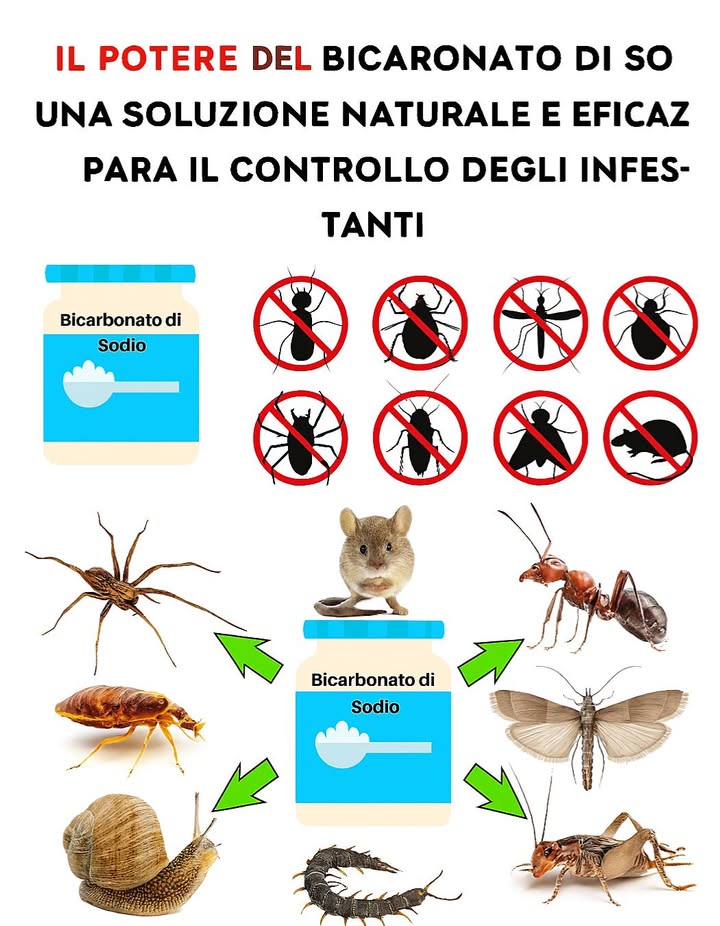 Il potere del bicarbonato di sodio: rimedio naturale ed efficace contro i parassiti

Scarafaggi
 Mescola  tazza di bicarbonato con  tazza di zucchero.
 Spargi nei punti frequentati dagli scarafaggi.
 Il bicarbonato ingerito produce gas letali per linsetto.

Formiche
 Mescola  tazza di bicarbonato e  tazza di zucchero.
 Applica lungo i percorsi e ingressi delle formiche.
 Lo zucchero le attira, il bicarbonato compromette la loro digestione.

Topi e ratti
 Mescola  tazza di bicarbonato, zucchero e farina.
 Aggiungi acqua tiepida fino a formare un impasto.
 Fai palline e posizionale dove noti la presenza di roditori.
 Il gas interno provocato dal bicarbonato li elimina.

Pulci
 Mescola  tazza di bicarbonato con  tazza di sale.
 Spargi su tappeti e divani.
 Strofina per far penetrare, lascia agire e aspira il giorno dopo.

Cimici da letto
 Prepara una pasta con bicarbonato e acqua.
 Applica su cuciture di materassi, letti e fessure.
 Lascia agire tutta la notte e aspira al mattino. Ripeti se necessario.

Lumache e limacce
 Spargi bicarbonato intorno alle piante.
 Applicalo nei punti dove le hai viste.

Centopiedi
 Versa 1 tazza di bicarbonato e 2 di aceto nello scarico.
 La reazione effervescente spinge la miscela, eliminando i centopiedi.

 Altri usi utili
 Repellente per insetti: spargi vicino a porte e finestre.
 Controllo dei funghi: 1 cucchiaino di bicarbonato in 1 tazza dacqua, spruzza sulle piante.
 Antitarme: posiziona bicarbonato in armadi e dispense.

 Precauzioni
 Non usarlo in eccesso vicino alle piante: può alterare il pH del terreno.
 Esegui test su piccole aree prima di unapplicazione estesa.
 Tienilo fuori dalla portata degli animali domestici.