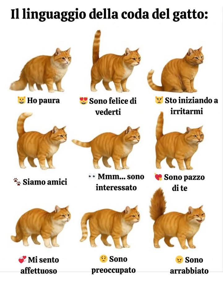 Linguaggio della coda del gatto 

 Ho paura  
 Sono felice di vederti  
 Comincio a innervosirmi  
 Siamo amici  
 Sono interessato  
 Sono pazzo di te  
 Mi sento affettuoso  
 Sono preoccupato  
 Sono arrabbiato  

 Capire il proprio gatto è più semplice osservando la sua coda