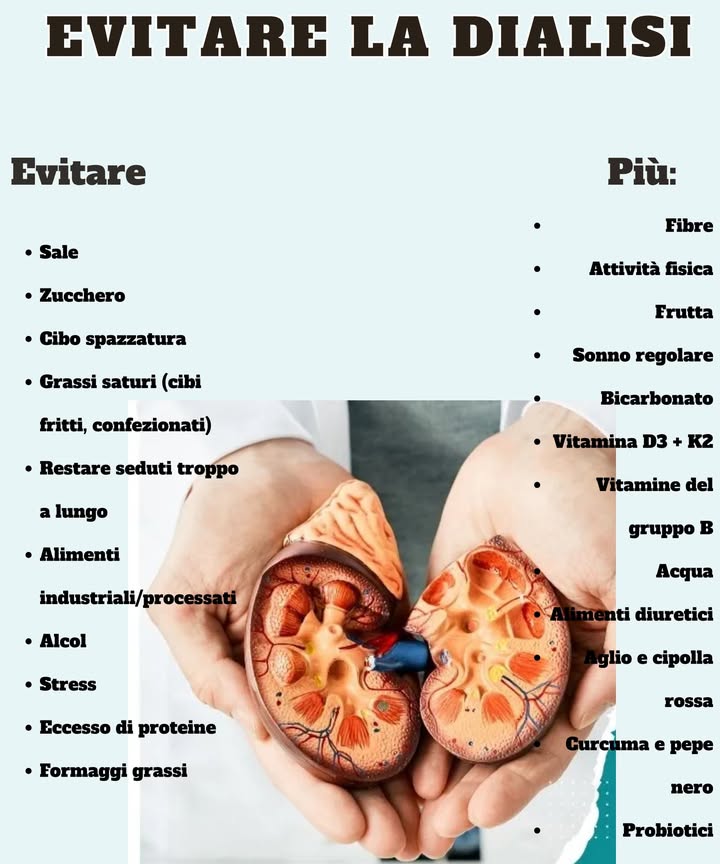 EVITARE DIÁLISI  
Evitare:  
Sale  
Zucchero  
Cibo spazzatura  
Grassi saturi fritti, confezionati  
Stare seduti a lungo  
Alimenti processati  
Alcol  
Stress  
Eccesso di proteine  
Formaggio  
Più:  
Fibra  
Esercizio  
Frutta  
Dormire bene  
Bicarbonato  
Vitamina D3  K2  
Vitamine del gruppo B  
Acqua  
Alimenti diuretici  
Aglio e cipolla rossa  
Curcuma e pepe nero  
Probiotici