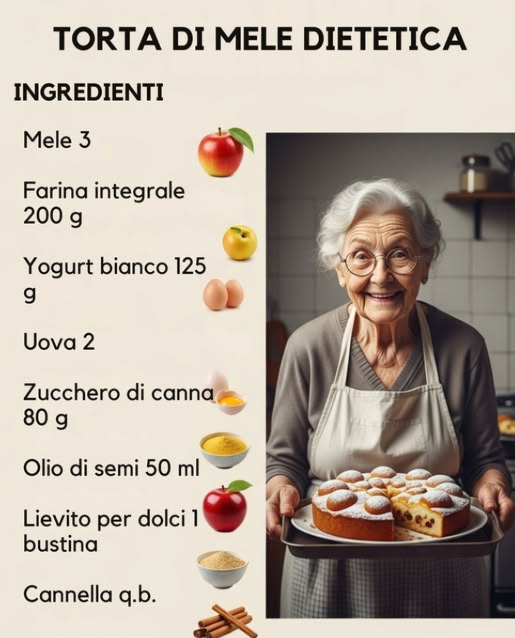 Torta di Mele Dietetica
Ingredienti:
 Mele 3
 Farina integrale 200 g
 Yogurt bianco 125 g
 Uova 2
 Zucchero di canna 80 g
 Olio di semi 50 ml
 Lievito per dolci 1 bustina
 Cannella q.b.
Preparazione:
1. Monta uova e zucchero, unisci yogurt e olio.
2. Aggiungi farina e lievito setacciati.
3. Incorpora due mele a cubetti nellimpasto.
4. Versa in stampo, decora con fettine di mela e spolvera di cannella.
5. Cuoci a 180C per 35-40 minuti.
Dolce leggero e profumato!