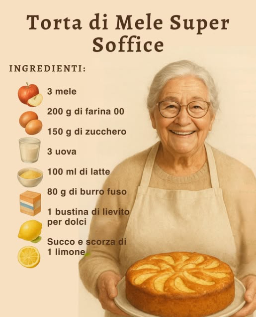 Torta di Mele Super Soffice 
Ingredienti:
 3 mele
 200 g di farina 00
 150 g di zucchero
 3 uova
 100 ml di latte
 80 g di burro fuso
 1 bustina di lievito per dolci
 Succo e scorza di 1 limone
Preparazione:
1. Sbuccia e taglia le mele a fettine, irrorale con succo di limone.
2. In una ciotola monta uova e zucchero fino a ottenere un composto spumoso.
3. Aggiungi burro fuso, latte, scorza di limone e farina con lievito.
4. Versa metà impasto in una tortiera imburrata, aggiungi parte delle mele e copri con il resto dellimpasto.
5. Decora con le mele rimaste e cuoci a 180C per 40-45 minuti.
Buon appetito!