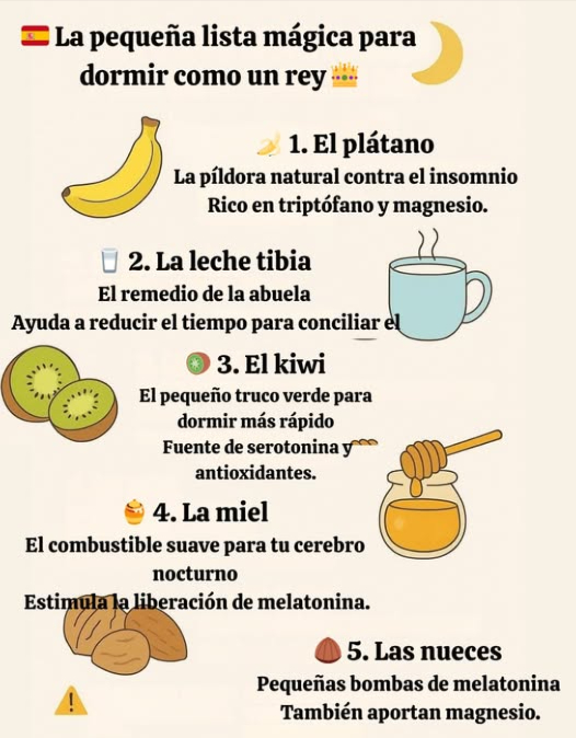 Lista mágica para dormir como un rey 
 1. Plátano
La píldora natural contra el insomnio.
Rico en triptófano y magnesio.
拏 2. Leche tibia
El remedio de la abuela.
Reduce el tiempo para conciliar el sueño.
諾 3. Kiwi
El pequeño truco verde para dormir más rápido.
Fuente de serotonina y antioxidantes.
 4. Miel
El combustible suave para el cerebro nocturno.
Estimula la liberación de melatonina.
 5. Nueces
Pequeñas bombas de melatonina, también ricas en magnesio.
 Consejo útil:
Cenar ligero y evitar cafeína y alcohol.
Combinados con buenos hábitos, estos alimentos son grandes aliados del descanso.