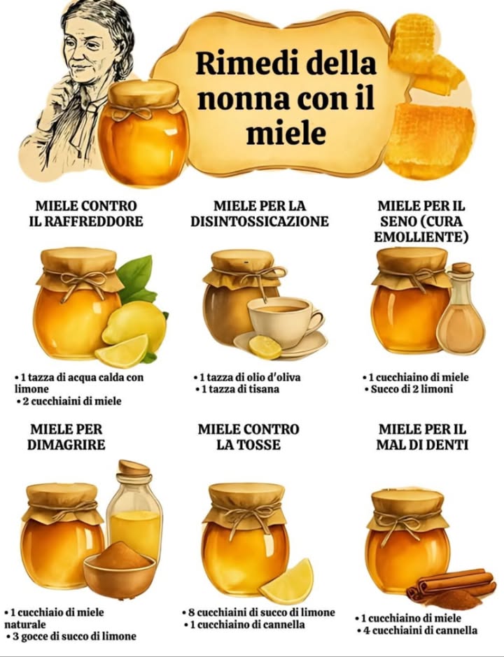 Rimedi della nonna con il miele  Tradizione, natura e benessere in un solo cucchiaino 
Il miele è uno dei rimedi naturali più antichi e preziosi. Grazie alle sue proprietà antibatteriche, lenitive e nutritive, è un alleato perfetto per piccoli disturbi quotidiani. Ecco come usarlo, secondo la saggezza popolare:
蠟 Miele contro il raffreddore
 1 tazza di acqua calda con limone
 2 cucchiaini di miele
 Lenisce la gola e stimola il sistema immunitario.
𥳐 Miele per la disintossicazione
 1 tazza di tisana  1 tazza di olio doliva
 Favorisce la depurazione dellorganismo e migliora la digestione.
 Miele per il seno cura emolliente
 1 cucchiaino di miele
 Succo di 2 limoni
 Ammorbidisce la pelle e dona sollievo.
 Miele per dimagrire
 1 cucchiaio di miele naturale
 3 gocce di succo di limone
 Stimola il metabolismo e riduce la fame nervosa.
 Miele contro la tosse
 8 cucchiaini di succo di limone
 1 cucchiaino di cannella
 Calma la tosse secca e libera le vie respiratorie.
醴 Miele per il mal di denti
 1 cucchiaino di miele
 4 cucchiaini di cannella
 Azione antibatterica e analgesica naturale.
 Tutti questi rimedi sono pensati per un uso occasionale e non sostituiscono il parere medico. Sempre meglio scegliere miele grezzo e biologico per massimizzare i benefici.