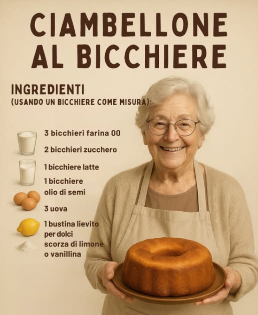 Ciambellone al Bicchiere 拏  
Ingredienti utilizzando un bicchiere come misura:  
 3 bicchieri di farina 00  
 2 bicchieri di zucchero  
 1 bicchiere di latte  
 1 bicchiere di olio di semi  
 3 uova  
 1 bustina di lievito per dolci  
 Scorza di limone o vanillina  

Preparazione:  
1. In una ciotola, montare le uova con lo zucchero.  
2. Aggiungere il latte, lolio e gli aromi, mescolando bene.  
3. Incorporare la farina e il lievito setacciati.  
4. Versare limpasto in uno stampo imburrato e infarinato.  
5. Cuocere a 180C per 35-40 minuti.  

Risultato: soffice e profumatissimo!