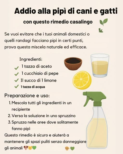 Addio alla pipì di cani e gatti con questo rimedio casalingo 
Se vuoi evitare che i tuoi animali domestici o quelli randagi facciano pipì in certi luoghi, prova questa miscela naturale ed efficace.
 Ingredienti:
 1 tazza di aceto
 1 cucchiaio di pepe
 Il succo di 1 limone
 1 tazza di acqua
 Preparazione e uso:
1 Mescola tutti gli ingredienti in un recipiente.
2 Versa la soluzione in uno spruzzino.
3 Spruzza nelle aree dove solitamente fanno pipì.
Questo rimedio è sicuro e aiuterà a mantenere gli spazi puliti senza danneggiare gli animali.