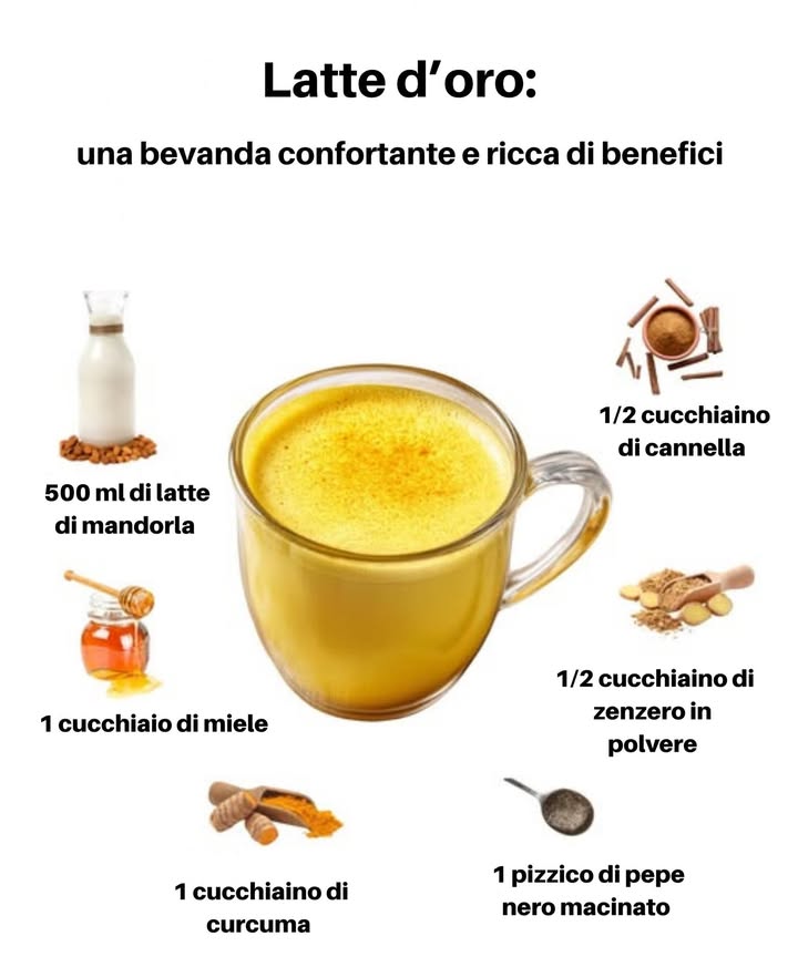 Latte dorato: bevanda confortante e ricca di benefici   
 Rafforza il sistema immunitario e riduce le infiammazioni  
律 Lenisce il corpo e favorisce un sonno riparatore  
 Ricco di antiossidanti e composti anti-infiammatori  
 Ingredienti naturali per prendersi cura della salute  
拏 500 ml di latte di mandorla  
 1 cucchiaino di miele  
 1 cucchiaino di curcuma  
 1 pizzico di pepe nero macinato  
李 1/2 cucchiaino di zenzero in polvere  
 1/2 cucchiaino di cannella  
 Riscaldare dolcemente e gustare questo elisir dorato, confortante e pieno di vitalità