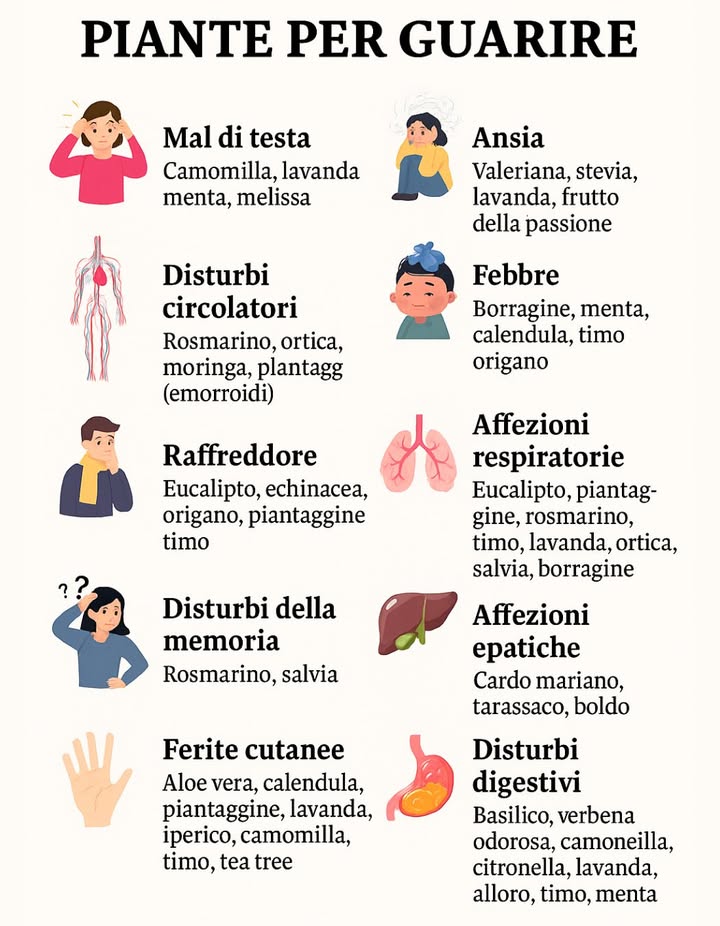 Piante per guarire in modo naturale

Mal di testa  
Camomilla, lavanda, menta, melissa

Ansia  
Valeriana, stevia, lavanda, frutto della passione

Disturbi circolatori  
Rosmarino, ortica, moringa, piantaggine emorroidi

Febbre  
Borragine, menta, calendula, timo, origano

Raffreddori  
Eucalipto, echinacea, origano, piantaggine, timo

Affezioni respiratorie  
Eucalipto, piantaggine, rosmarino, timo, lavanda, ortica, salvia, borragine

Disturbi della memoria  
Rosmarino, salvia

Affezioni epatiche  
Cardo mariano, dente di leone, boldo

Ferite cutanee  
Aloe vera, calendula, piantaggine, lavanda, iperico, camomilla, timo, olio essenziale di tea tree

Disturbi digestivi  
Basilico, verbena di limone, camomilla, citronella, lavanda, alloro, timo, menta