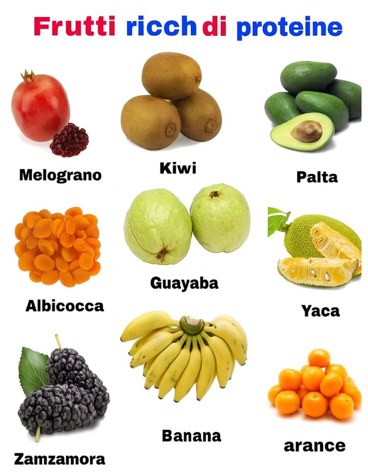 1. Granada: Contiene circa 1,7 g di proteine per ogni 100 g. Ricca di antiossidanti, favorisce la salute cardiovascolare.  
2. Kiwi: Apporta 1,1 g di proteine ed è molto ricco di vitamina C e fibra, ideale per limmunità e il sistema digestivo.  
3. Avocado: Con 2 g di proteine, si distingue anche per i suoi grassi sani e lalto contenuto di potassio e fibra.  
4. Albicocca orecchioni: I secchi hanno circa 3,4 g di proteine. Apportano ferro e beta-caroteni benefici per la pelle e la vista.  
5. Guava: Contiene 2,6 g di proteine e più vitamina C delle arance. Favorisce la digestione.  
6. Jackfruit: Apporta 1,7 g di proteine, oltre a vitamine A, C e minerali. È popolare come sostituto vegetale della carne.  
7. Mora: Con 2 g di proteine, offre anche antiossidanti e vitamina K.  
8. Banana: Apporta 1,1 g di proteine, è fonte di potassio ed energia naturale.  
9. Arancia: Contiene 0,9 g di proteine ed è eccellente per rinforzare il sistema immunitario grazie alla sua vitamina C.  
Conclusione: Queste frutta, oltre ad essere gustose, offrono un apporto proteico che può completare una dieta sana, specialmente in piani basati su piante.