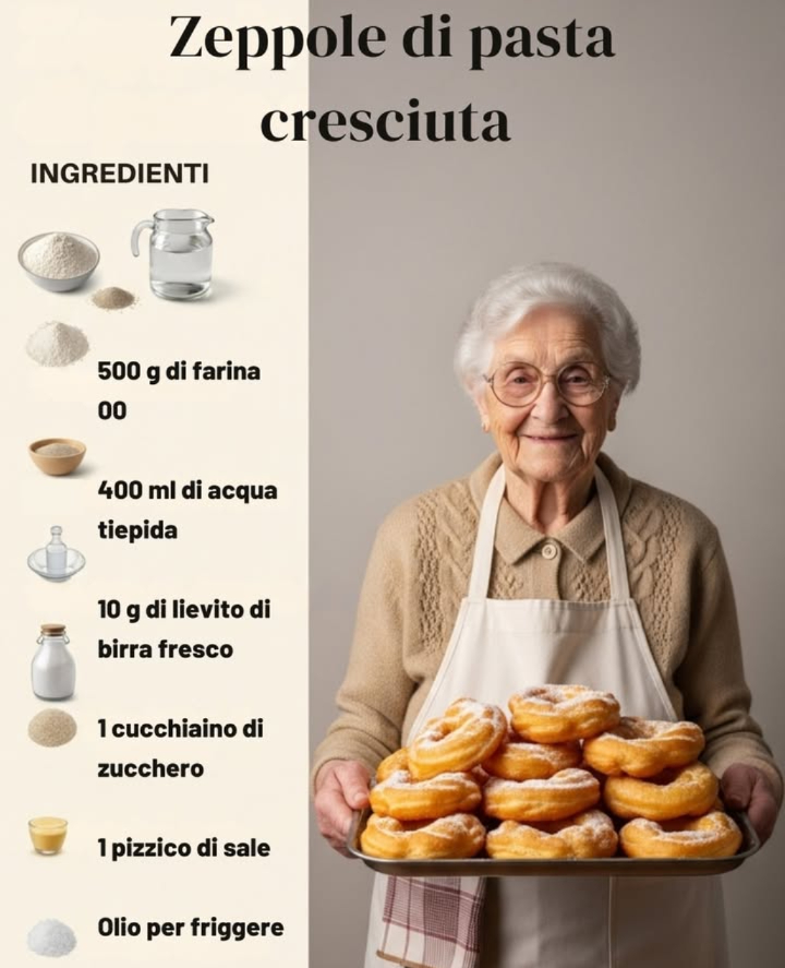 Zeppole di pasta cresciuti 

Ingredienti:
 500 g di farina 00
 400 ml di acqua tiepida
 10 g di lievito di birra fresco
 1 cucchiaino di zucchero
 1 pizzico di sale
 Olio per friggere

Preparazione:
1. Sciogli il lievito e lo zucchero nellacqua tiepida.
2. Aggiungi la farina poco alla volta e poi il sale, mescolando fino a ottenere un impasto morbido e appiccicoso.
3. Copri e lascia lievitare 2 ore, finché raddoppia.
4. Preleva limpasto a cucchiaiate e friggi in olio caldo finché dorate.
5. Scola su carta assorbente e, se vuoi, spolvera con zucchero.

Soffici e irresistibili!  Buon appetito!