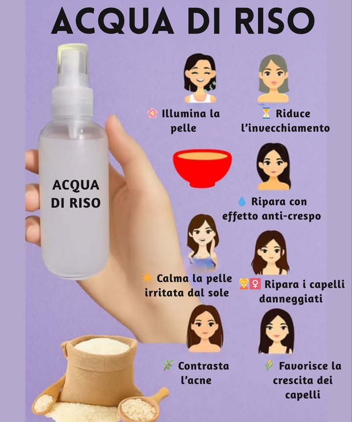 Acqua di Riso Fatta in Casa: il tonico naturale che la tua pelle e i tuoi capelli ameranno   
Facile, economico e ricco di benefici   
蓼 Ingredienti:  
 Acqua   
 Riso la quantità che decidi tu   
 Passo dopo passo:  
1. Lava bene il riso.  
2. Mettilo in una ciotola e coprilo con acqua almeno due dita sopra.  
3. Lascialo riposare per 15-30 minuti.  
4. Filtra e conserva lacqua in una bottiglia pulita.  
5. Usa con un batuffolo di cotone o direttamente come tonico viso.  
6. Conserva in frigorifero.  
7. Dura circa 1 settimana.  
 Benefici magici:  
 Idrata, tonifica e ammorbidisce  
 Schiarisce e riduce le macchie  
 Riduce i pori e controlla il sebo  
 Effetto opaco immediato  
 Antinvecchiamento e antiacne  
 Rinforza anche i tuoi capelli  
林 Ideale per pelle grassa, punti neri, acne… e luminosità naturale senza sforzo
