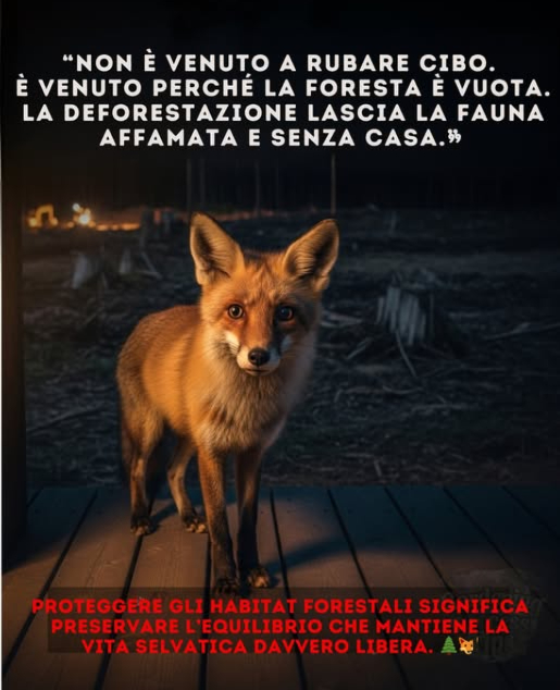 Quando le foreste cadono, si diffonde il silenzio.
Ogni albero perduto porta via con sé una casa, un nido, un rifugio.
Volpi, gufi e innumerevoli piccole vite si avvicinano a noi  non per scelta, ma per sopravvivenza.
 Proteggiamo ciò che resta e ricostruiamo ciò che è andato perduto.
Il mondo selvatico ricorda ancora come guarire  ha solo bisogno di spazio per respirare.