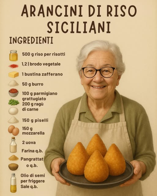 Arancini di riso siciliani 燎數
Ingredienti:
 500 g riso per risotti
 1,2 l brodo vegetale
 1 bustina zafferano
 50 g burro
 100 g parmigiano grattugiato
 200 g ragù di carne
 150 g piselli
 150 g mozzarella
 2 uova
 Farina q.b.
 Pangrattato q.b.
 Olio di semi per friggere
 Sale q.b.
Preparazione:
1. Cuoci il riso in brodo con lo zafferano fino ad assorbimento, poi manteca con burro e parmigiano. Lascia raffreddare.
2. Prepara il ragù con carne e piselli, taglia la mozzarella a cubetti.
3. Prendi un po di riso, forma una conca, riempi con ragù e mozzarella, chiudi formando una palla o cono.
4. Passa gli arancini in farina, uova sbattute e pangrattato.
5. Friggi in olio caldo fino a doratura uniforme.
Buon appetito!