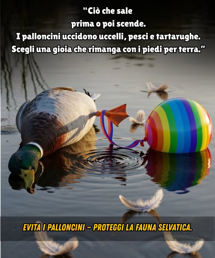 I palloncini che volano via non scompaiono: cadono nei fiumi e negli oceani.  
La fauna selvatica scambia nastri e lattice per cibo o materiale per il nido.  
Tartarughe, pesci e uccelli muoiono ogni anno a causa di ingombri o ingestione.  
Celebra in modo diverso: pianta un albero, soffia bolle di sapone o fai volare un aquilone.