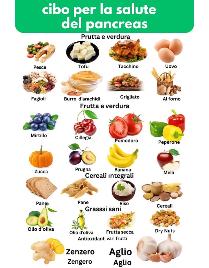 陋 Alimenti che Favoriscono la Salute del Pancreas

Unalimentazione equilibrata può sostenere la funzione pancreatica e contribuire al benessere generale. Questi alimenti sono particolarmente benefici:

 Proteine Magre
 Pesce
 Tofu
 Tacchino
 Uova
 Legumi
 Burro di arachidi
 Cibi grigliati o al forno

 Frutta e Verdura
 Mirtilli
 Ciliegie
 Pomodori
 Peperoni
 Zucca
 Prugne
 Banane
 Mele

 Cereali Integrali
 Pane integrale
 Pasta integrale
 Riso
 Cereali naturali

便 Grassi Sani
 Avocado
 Olio doliva
 Pesce grasso
 Frutta secca

 Alimenti Ricchi di Antiossidanti
 Zenzero
 Aglio
