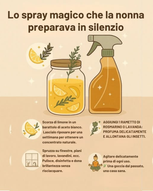 林 Lo spray magico che preparava la nonna in silenzio 
Una ricetta casalinga, naturale ed efficace per pulire e profumare la tua casa senza prodotti chimici aggressivi.
 Ingredienti e preparazione:
 Metti scorze di limone in un barattolo con aceto bianco
 Lascialo riposare per 1 settimana per ottenere un concentrato naturale
 Aggiungi un rametto di rosmarino o lavanda
 Dona un profumo delicato e aiuta a tenere lontani gli insetti
 Versa il composto in uno spruzzino
犯 Usalo su vetri, piani di lavoro e lavandini
 Pulisce, disinfetta e dona brillantezza senza bisogno di risciacquare
 Agita delicatamente prima di ogni uso
 Una goccia di tradizione per una casa sana