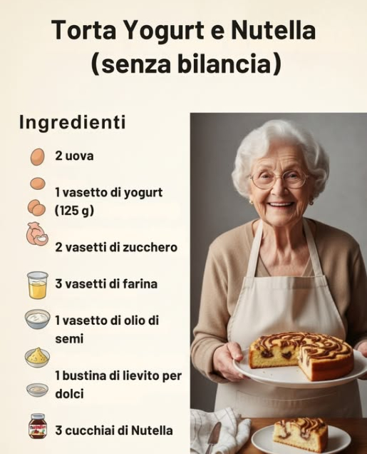 Torta Yogurt e Nutella senza bilancia 
Ingredienti:
 2 uova
 1 vasetto di yogurt 125 g
 2 vasetti di zucchero
 3 vasetti di farina
 1 vasetto di olio di semi
 1 bustina di lievito per dolci
 3 cucchiai di Nutella
Preparazione:
1. In una ciotola monta le uova con lo zucchero.
2. Aggiungi yogurt e olio, poi incorpora la farina e il lievito.
3. Versa metà impasto in uno stampo imburrato.
4. Aggiungi la Nutella e copri con il resto dellimpasto.
5. Cuoci a 180C per circa 35 minuti.
Soffice, golosa e pronta senza bilancia! 
Buon appetito!