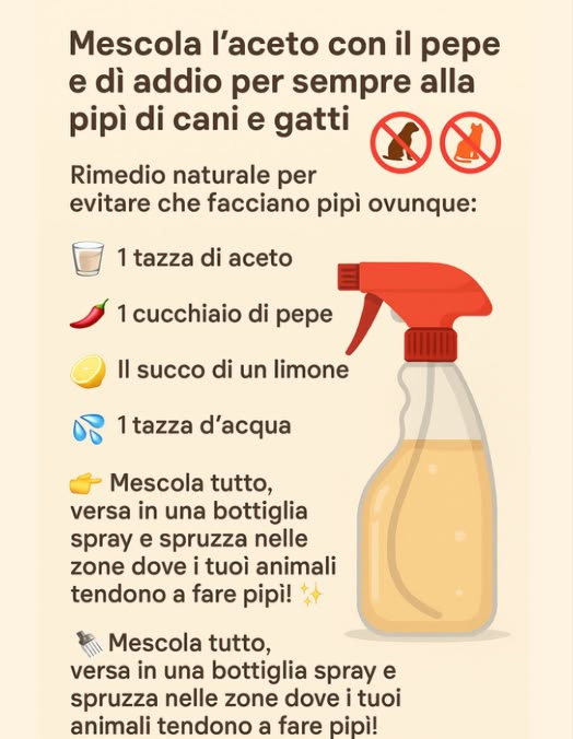 Mescola laceto con il pepe e dì addio per sempre alla pipì di cani e gatti! 
 Rimedio naturale per evitare che facciano pipì ovunque:
 1 tazza di aceto 磻
 1 cucchiaio di pepe 
 Il succo di un limone 
 1 tazza dacqua 
 Mescola tutto, versa in una bottiglia spray e spruzza nelle zone dove i tuoi animali tendono a fare pipì!