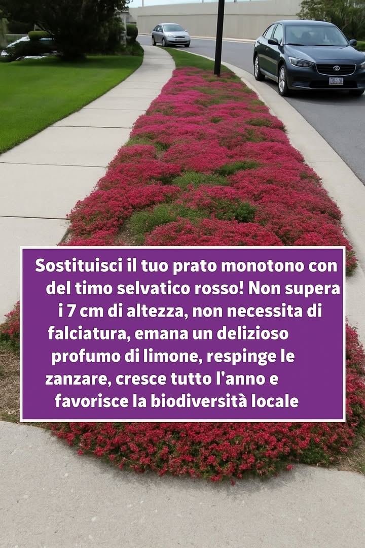 Timo selvatico rosso: un tappeto fiorito sostenibile 

Il timo selvatico rosso, mostrato nellimmagine lungo un vialetto urbano, è una pianta tappezzante che unisce estetica e funzionalità. Non supera i 7 cm di altezza, non richiede falciatura e regala un delicato profumo di limone quando fiorisce.

1 Alternativa ecologica  sostituisce il classico prato riducendo manutenzione e consumo di risorse.
2 Benefici ambientali  respinge le zanzare, fiorisce tutto lanno e favorisce la biodiversità ospitando insetti utili e impollinatori.
3 Valore decorativo  il colore vivace crea un effetto ornamentale unico, trasformando spazi monotoni in giardini suggestivi.
4 Manutenzione minima  non necessita di taglio frequente e resiste bene anche in condizioni difficili.

 Questa pianta è la scelta ideale per chi desidera uno spazio verde profumato, vivace e facile da gestire, capace di unire bellezza e sostenibilità