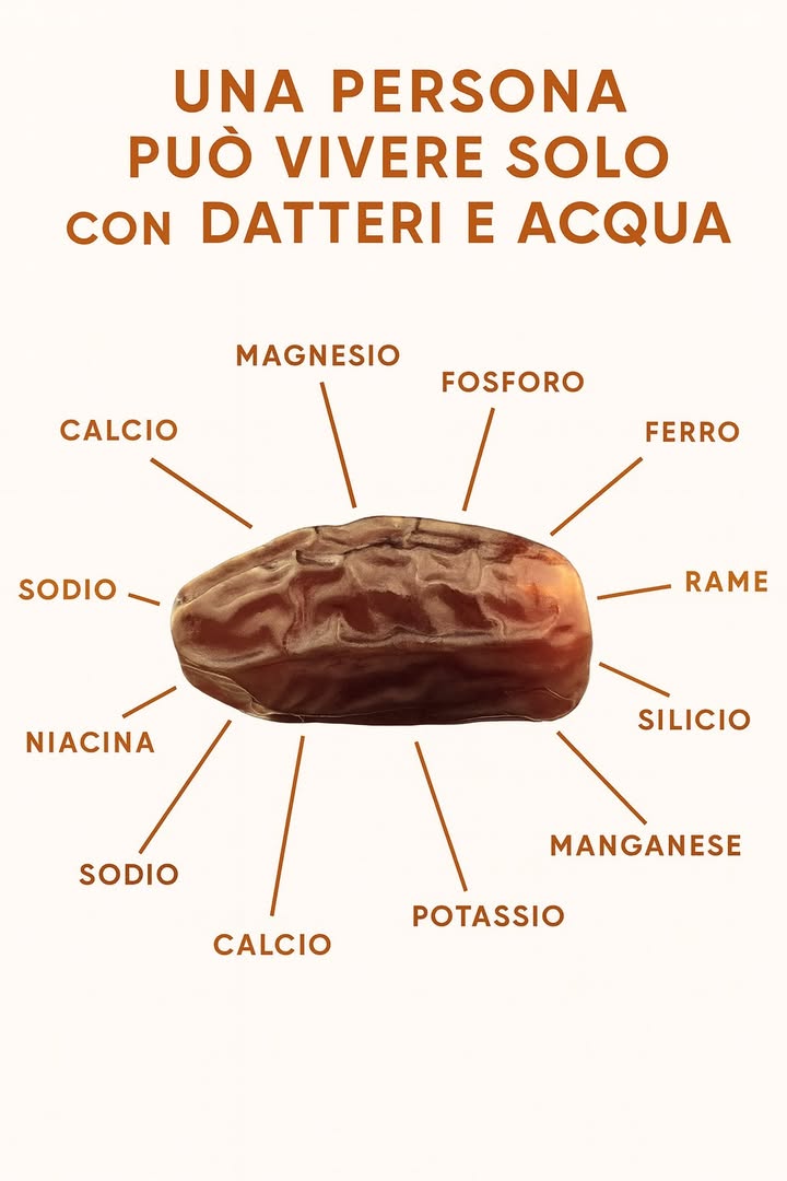 Tamerici: un alimento completo 

1 Ricche di minerali: ferro, calcio, magnesio e potassio
2 Fonte di vitamine del gruppo B, tra cui niacina e tiamina
3 Apporto di fibre utili per una digestione regolare
4 Energia immediata grazie agli zuccheri naturali
5 Abbinate allacqua, sostegno nutrizionale in condizioni estreme

 Datteri e acqua offrono un duo essenziale che nutre, sostiene e rinforza in modo naturale.