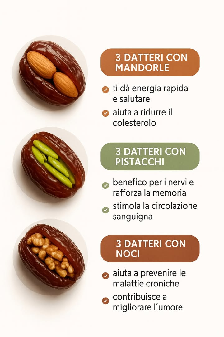 Datteri ripieni di frutta secca: snack naturale e smart 

Idea principale
Uno spuntino pratico che unisce gli zuccheri morbidi del dattero alle fibre, ai grassi buoni e alle proteine della frutta secca. Energia costante, sazietà piacevole.

Datteri alle mandorle
 2 mandorle in ogni dattero
 Ideali prima di uno sforzo fisico o durante il lavoro
 Grassi insaturi e fibre che, in unalimentazione equilibrata, possono aiutare lequilibrio lipidico

Datteri al pistacchio
 Chicchi di pistacchio verde allinterno
 Mix di carboidrati e grassi buoni per favorire concentrazione e stabilità
 Antiossidanti che possono sostenere nervi e circolazione

Datteri alle noci
 Mezza noce per dattero
 Sazietà appagante grazie a grassi di qualità e fibre
 Acidi grassi che, nel contesto di una dieta completa, possono supportare benessere generale e umore

Porzione consigliata
 3 datteri ripieni = 1 porzione, con un bicchiere dacqua o caffè arabo

Nota per chi deve controllare gli zuccheri
 I datteri sono naturalmente ricchi di zuccheri: regolare la quantità in caso di diabete o diete ipocaloriche

Sintesi
Tre bocconi intelligenti con mandorle, pistacchi e noci: facili da preparare, gustosi, con energia gentile e profilo nutrizionale vario se consumati con moderazione dentro una dieta bilanciata.