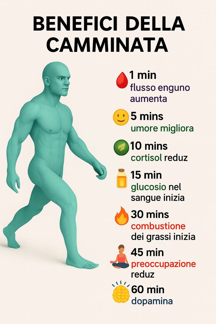 Benefici della camminata quotidiana: energia e benessere in movimento 

1 Dopo 1 minuto il flusso sanguigno aumenta e i tessuti ricevono più ossigeno.
2 A 5 minuti inizia il rilascio di endorfine che migliorano lumore e la concentrazione.
3 Dopo 10 minuti diminuisce il cortisolo, lormone dello stress, favorendo rilassamento e chiarezza mentale.
4 A 15 minuti la glicemia si stabilizza e il metabolismo trova equilibrio.
5 Dopo 30 minuti il corpo attiva la combustione dei grassi e utilizza le riserve energetiche.
6 A 45 minuti la mente si distende e la tensione emotiva si riduce.
7 Dopo 60 minuti aumenta la dopamina, favorendo motivazione e benessere generale.

 Camminare ogni giorno, anche solo per mezzora, sostiene cuore, metabolismo e serenità mentale in modo naturale e duraturo.